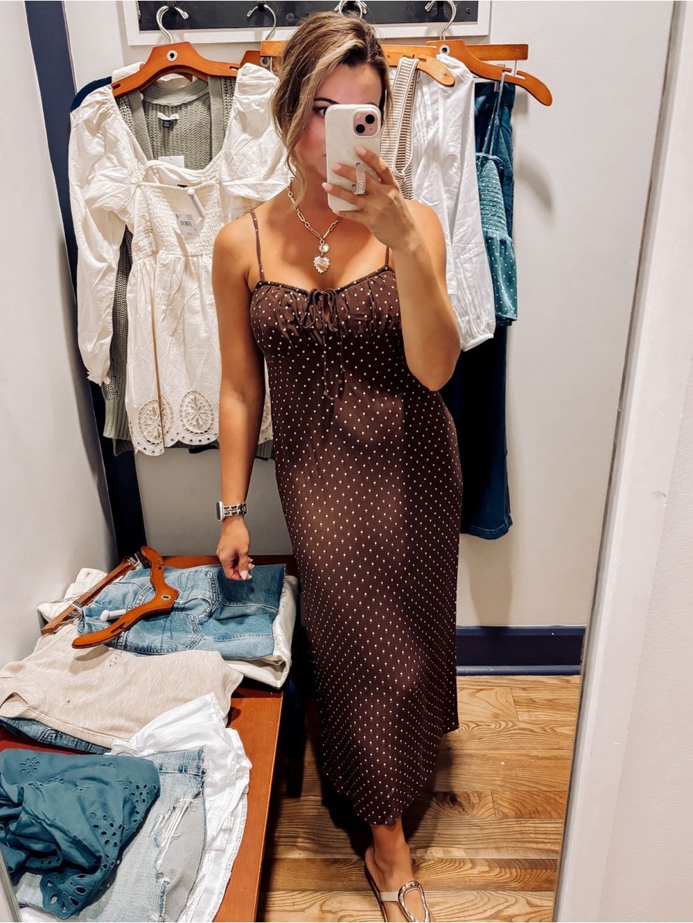 American Eagle Brown Polka Dot Midi Dress - Picture 2 of 8